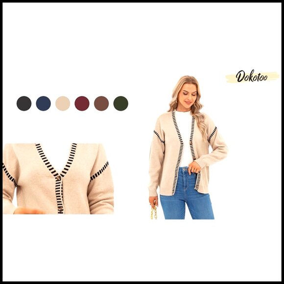 Oversized V-Neck Cardigan Sweater, Button Front, Striped Trim, Fall Winter - Picture 7 of 7